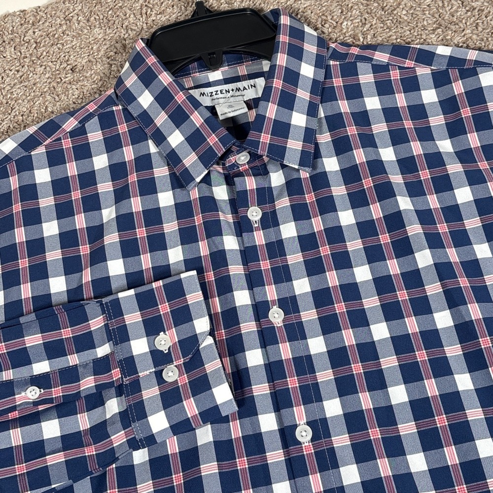 Mizzen+Main Mens XL Trim Leeward Performance Plaid Dress Shirt Navy Blue Red